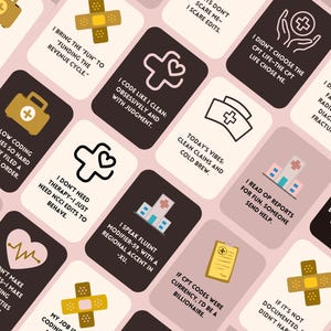 May include: A collection of square cards with medical-themed illustrations and text. The cards feature icons of medical symbols, bandages, and briefcases, along with humorous phrases related to medical coding and healthcare.