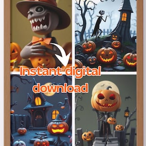 Peut inclure: Impression numérique encadrée avec quatre illustrations sur le thème d'Halloween. L'œuvre comprend un squelette de dessin animé, Jack Skellington et des citrouilles sculptées. Le texte de l'image indique "Instant digital download". La palette de couleurs comprend l'orange, le noir et le gris.
