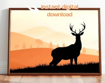 Deer Silhouette Art Print | Nature Wall Art | Minimalist Forest Landscape | Rustic Cottage Decor | Digital Printable
