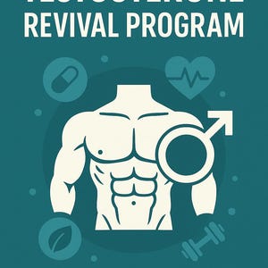 Puede incluir: Gráfico turquesa con el texto "TESTOSTERONE REVIVAL PROGRAM" en blanco. La imagen presenta un torso musculoso estilizado, un corazón con una línea de pulso, una pastilla, una hoja, una pesa y un símbolo masculino.