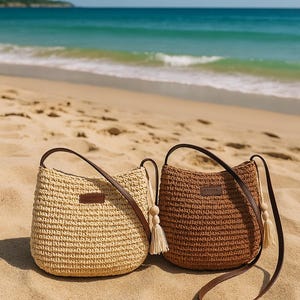 ナチュラルラフィアクロスボディバッグ - 夏用ストローショルダーバッグ、ボヘミアン風編み込みビーチバッグ（レディース）