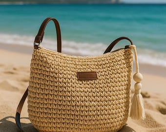 Bolso bandolera de rafia natural: bolso de hombro de paja veraniega, bolso de playa bohemio tejido para mujer