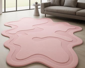 Handgetufteter Rosa-Roter Abstrakter Teppich - Moderner Skulpturenteppich