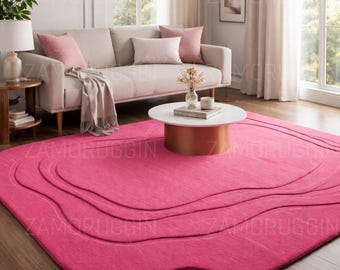 Modern Pink Area Rug | Wavy Abstract Carpet | Soft Plush Living Room Rug | Contemporary Home Decor | Bedroom Nursery Floor Rug