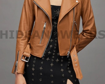 Chaqueta de cuero auténtico marrón para mujer estilo motero – Prenda de abrigo informal de corte clásico