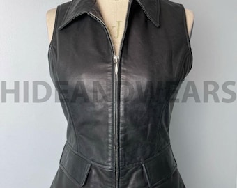 Women Black Genuine Leather Biker Fashion Vest