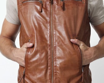 Herren weiche Schaffell braune Lederweste - Slim Fit Motorrad-Stil