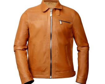 Handmade Tan Leather Bomber Jacket, Men's Trucker Style