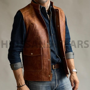 Men&#39;s Brown Leather Motorcycle Vest: Slim Fit Biker Jacket