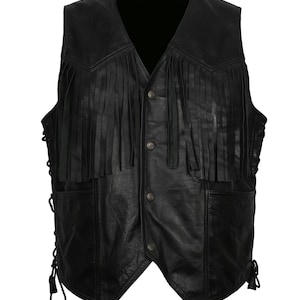 Men&#39;s Black Leather Fringe Vest: Western Cowboy Biker Style