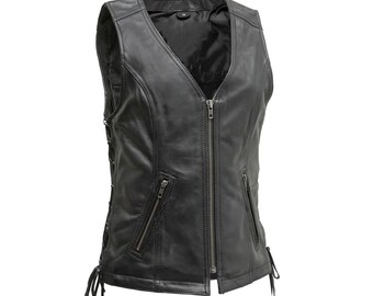 Women's Black Leather Biker Ladies Vest – Western Cowgirl Zip Vest with Side Laces, Real Leather Motorcycle Riding Club Vest | Gift for her