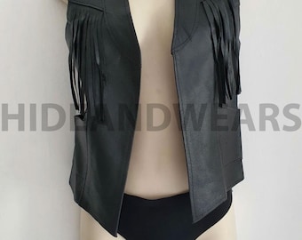 Womens Black Leather Fringe Vest, Western Cowgirl Biker Style, Handmade Event Vest