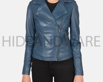 Chaqueta de cuero auténtico para mujer, estilo motociclista Cafe Racer, prenda femenina hecha a mano a medida.