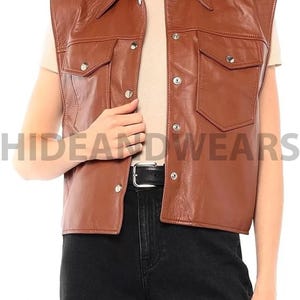 Vintage Tan Leather Vest Women&#39;s Motorcycle Biker Cowhide Waistcoat