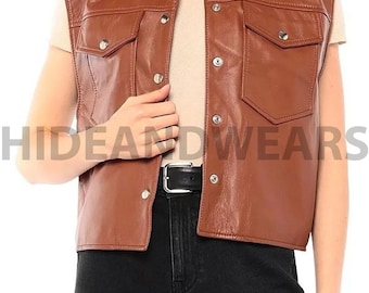 Veste de motard western en cuir de vachette véritable pour femme - Tan