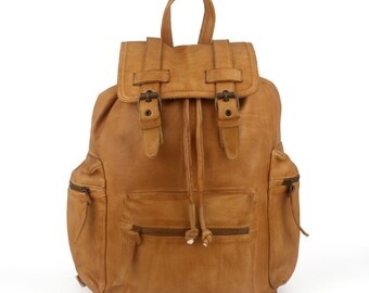 Leather Backpack Rucksack Chestnut Brown, Brass Buckles, USA  display picture 3