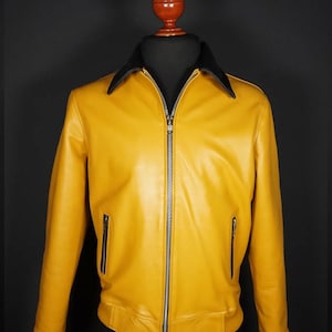 Men&#39;s Yellow Leather Jacket, Biker Leather Jacket, Bomber Leather Jacket, Pure Leather jacket for Men, Slim Fit Leather Jacket, Gift for Him