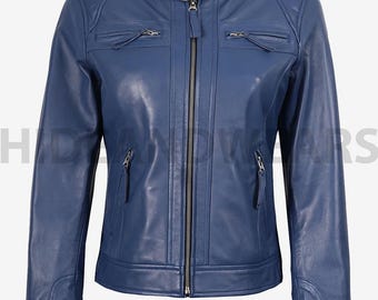 Chaqueta de cuero auténtico para mujer, estilo motociclista Cafe Racer, hecha a mano en cuero azul.