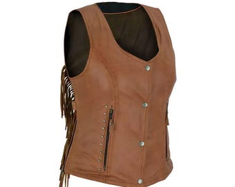 Brown Leather Fringe Vest, Genuine Sleeveless Western Biker Style, Handmade Vintage Festival Outfit