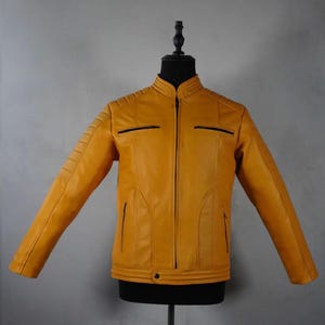 Men&#39;s Yellow Leather Jacket-Slim Fit Motorcycle Style Genuine Sheepskin Leather Jacket For Men-Custom Handmade Real Leather Jacket For Men