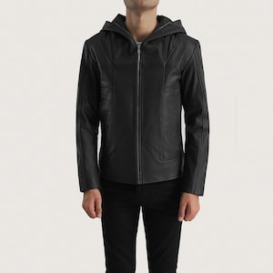 Handmade Black Leather Hoodie | Real Leather Hooded Jacket | Custom Leather Hood jacket |Leather Hoodie Men&#39;s | Leather Jacket with Hood