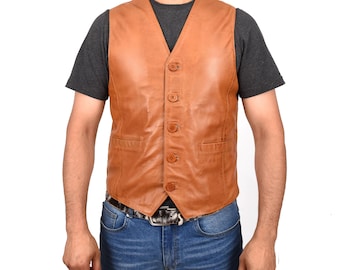Chaleco de cuero marrón claro hecho a mano para hombre, chaleco vaquero clásico del oeste con cierre de botones y bolsillos, chaleco de cuero marrón claro vaquero para hombre