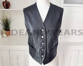 Women Black Genuine Leather Biker Vest, Fashion Motorcycle Style