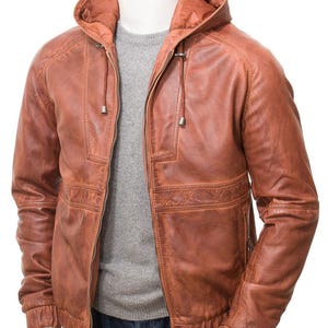 Vintage Brown Leather Jacket with Hood, Retro leather Coat, Classic Genuine Leather Outerwear for Men & Women, Casual Bomber jacket