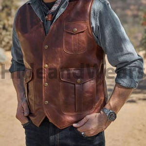 Men&#39;s Brown Leather Motorcycle Vest: Slim Fit Biker Jacket