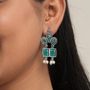 Green Quartz Stone Earrings: Indian Style Brass Dangle Earrings