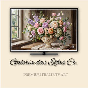 May include: A digital painting of a floral arrangement in a decorative vase displayed on a TV screen. The bouquet features pink, purple, and peach-colored roses and other flowers. The text "Galeria das Elfas Co." and "PREMIUM FRAME TV ART" are visible.