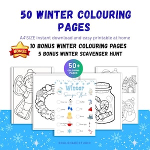 Op de afbeelding: Een verzameling winterkleurplaten en een speurtocht. De tekst op de afbeelding luidt "50 Winter Kleurplaten", "10 Bonus Winter Kleurplaten" en "5 Bonus Winter Speurtocht". De pagina's bevatten lijntekeningen van sneeuwmannen en wintertaferelen.