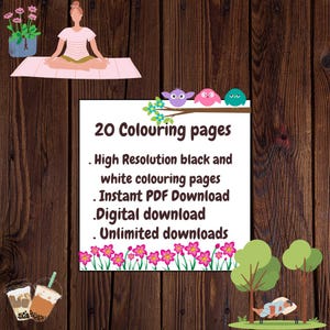 May include: A digital download advertisement on a wooden background. The text reads "20 Colouring pages" with details about high-resolution black and white pages, instant PDF download, and unlimited downloads. The image includes illustrations of a person meditating, owls, flowers, and trees.