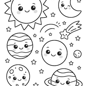 K&ouml;nnte beinhalten: Schwarz-Wei&szlig;-Illustration von l&auml;chelnden Himmelsk&ouml;rpern: Sonne, Mond, Planeten, Sternschnuppe und Sterne. Das Cartoon-Design eignet sich f&uuml;r Malb&uuml;cher oder Lehrmaterialien.