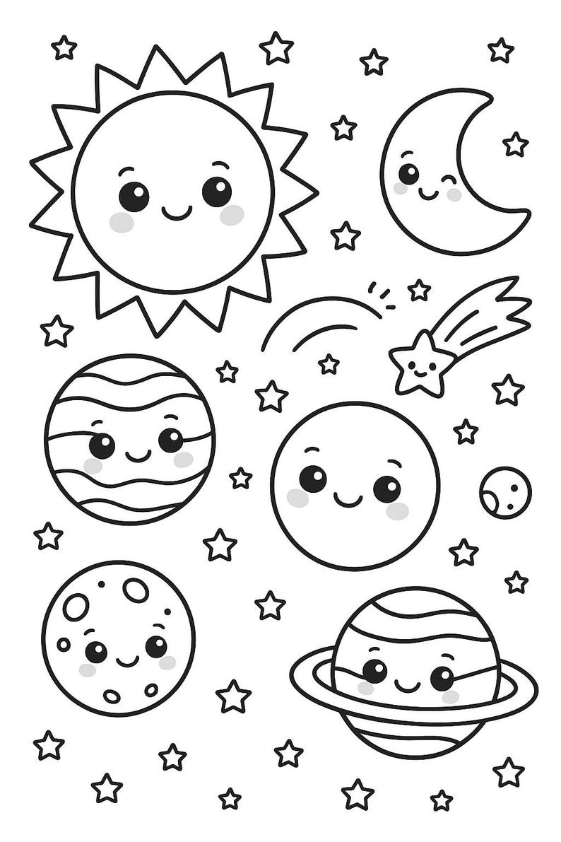 K&ouml;nnte beinhalten: Schwarz-Wei&szlig;-Illustration von l&auml;chelnden Himmelsk&ouml;rpern: Sonne, Mond, Planeten, Sternschnuppe und Sterne. Das Cartoon-Design eignet sich f&uuml;r Malb&uuml;cher oder Lehrmaterialien.