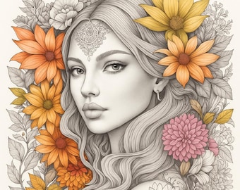 May include: Illustration of a woman surrounded by flowers, with the text "Mindfulness colouring books Season's of Stillness" and "BY SOULSHADESTUDIO". The woman has long wavy hair and a floral design on her forehead.