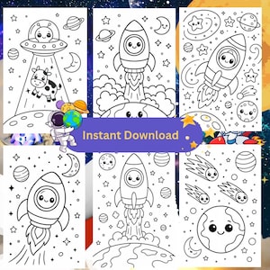 K&ouml;nnte beinhalten: Schwarz-Wei&szlig;-Illustrationen zum Thema Weltraum, darunter Raketen, Planeten, Sterne und ein UFO. Der Text "Instant Download" wird auf einem lila Banner angezeigt. Diese Bilder sind zum Ausmalen geeignet.