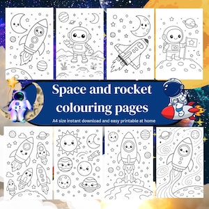May include: A collection of black and white space-themed coloring pages. The pages feature rockets, planets, astronauts, and celestial bodies. Text on the image reads "Space and rocket colouring pages" and "A4 size instant download and easy printable at home."