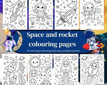 May include: A collection of black and white space-themed coloring pages. The pages feature rockets, planets, astronauts, and celestial bodies. Text on the image reads "Space and rocket colouring pages" and "A4 size instant download and easy printable at home."