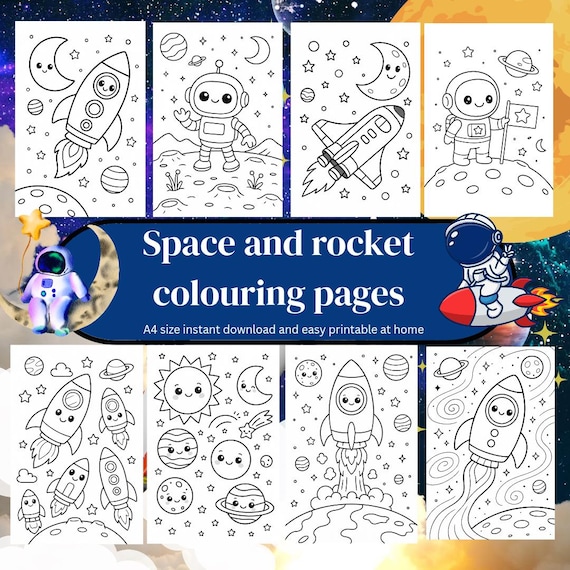 Kawaii Space Coloring Book | 20 Cute Astronaut & Rocket Pages | Kids A4 Printable Digital Download Set