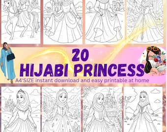 May include: A digital collection of 20 coloring pages featuring illustrations of princesses wearing hijabs and gowns in various settings like castles and gardens. The text reads 20 HIJABI PRINCESS A4 SIZE instant download and easy printable at home.