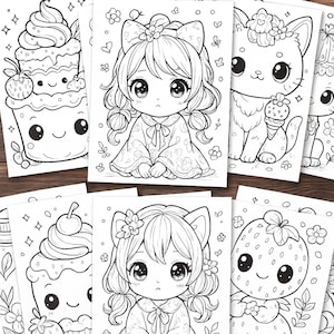 Könnte beinhalten: Eine Sammlung von 50 Kawaii-Malvorlagen mit schwarz-weißen Strichzeichnungen. Die Motive zeigen Figuren mit großen Augen, anthropomorphe Cupcakes, Katzen mit Blumenaccessoires und Erdbeeren, alles vor einem Hintergrund aus dunklem Holz.