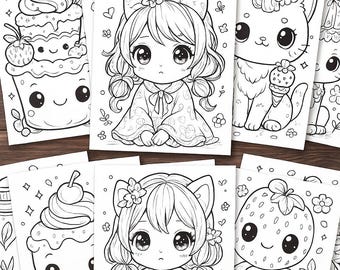 50 páginas para colorear kawaii para niños y adultos (descarga digital)