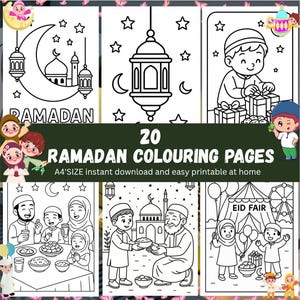 May include: A set of 20 Ramadan colouring pages. The illustrations include mosques, lanterns, crescent moons, and children celebrating Eid. Text includes "RAMADAN" and "EID FAIR". A4 size, instant download and easy to print.