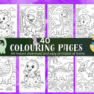 May include: A collection of 40 coloring pages featuring various dinosaurs in black and white. The pages are A4 size and designed for easy printing at home. The image includes the text "COLOURING PAGES".