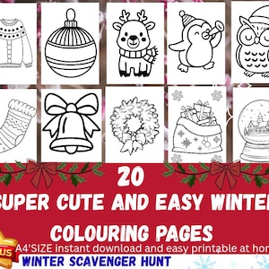 Op de afbeelding: Een verzameling van 10 zwart-wit kleurplaten met winterthema. De afbeeldingen bevatten een trui, kerstbal, rendier, pinguïn, uil, sok, bel, krans, cadeauzak en sneeuwbol. De tekst luidt "20 SUPER CUTE AND EASY WINTER COLOURING PAGES".