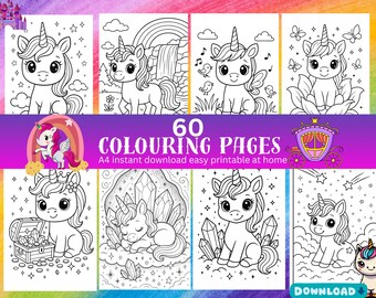 May include: A collection of eight black and white coloring pages featuring adorable unicorns in various scenes. The pages are designed for easy printing at home and include the text "60 Coloring Pages". A purple banner with a unicorn and rainbow is also present.
