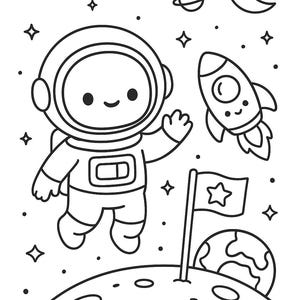 K&ouml;nnte beinhalten: Schwarz-Wei&szlig;-Illustration eines Cartoon-Astronauten, der im Weltraum schwebt. Eine Rakete, Planeten, Sterne und eine Flagge auf einem Mond sind ebenfalls abgebildet. Der Astronaut winkt, und das Design ist einfach und verspielt.