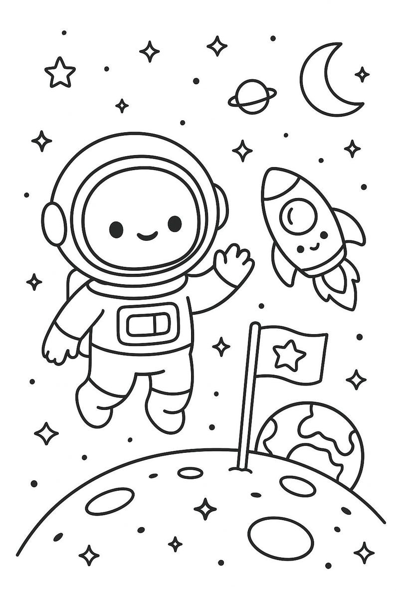 K&ouml;nnte beinhalten: Schwarz-Wei&szlig;-Illustration eines Cartoon-Astronauten, der im Weltraum schwebt. Eine Rakete, Planeten, Sterne und eine Flagge auf einem Mond sind ebenfalls abgebildet. Der Astronaut winkt, und das Design ist einfach und verspielt.