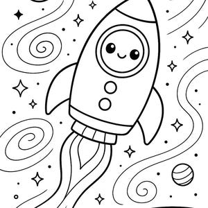 K&ouml;nnte beinhalten: Schwarz-Wei&szlig;-Illustration einer Rakete mit einem l&auml;chelnden Gesicht im Weltraum. Die Rakete ist von Sternen, Planeten und wirbelnden Galaxien umgeben. Die Rakete hat zwei kleine Fl&uuml;gel und st&ouml;&szlig;t Flammen aus.